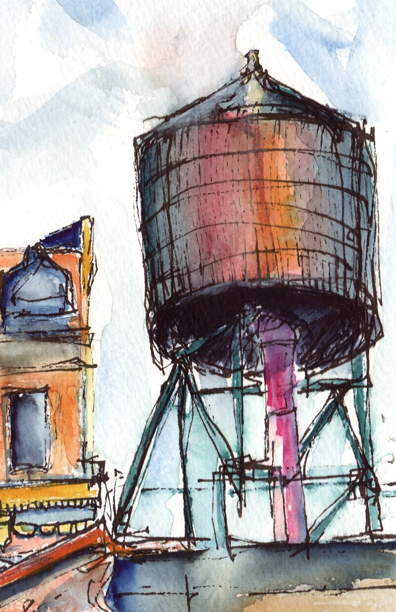 Art ORIGINAL PAINTING - Ink and watercolor of NYC Water Tower