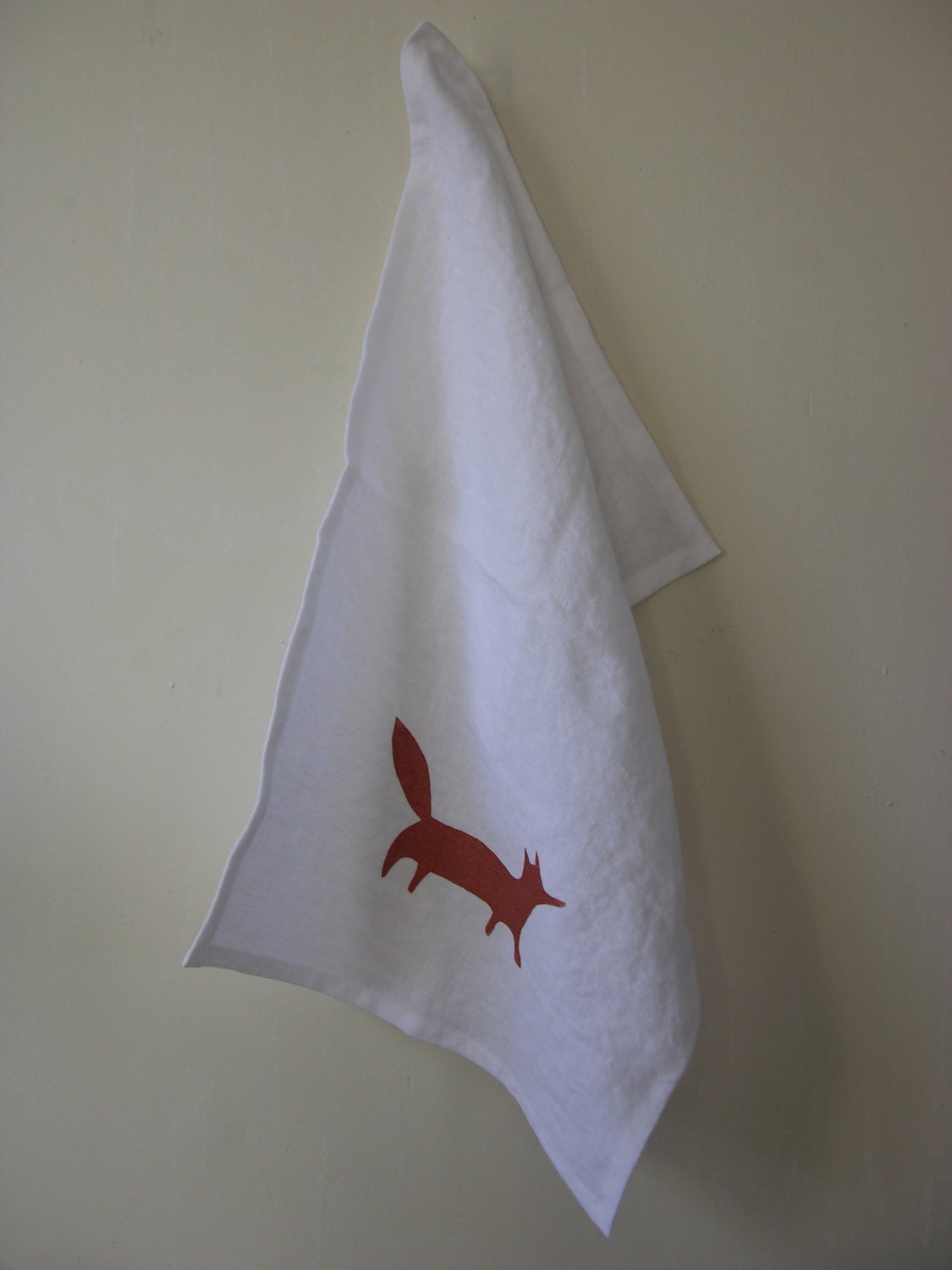 Crisp White Linen Tea Towel Copper Fox Screen Print