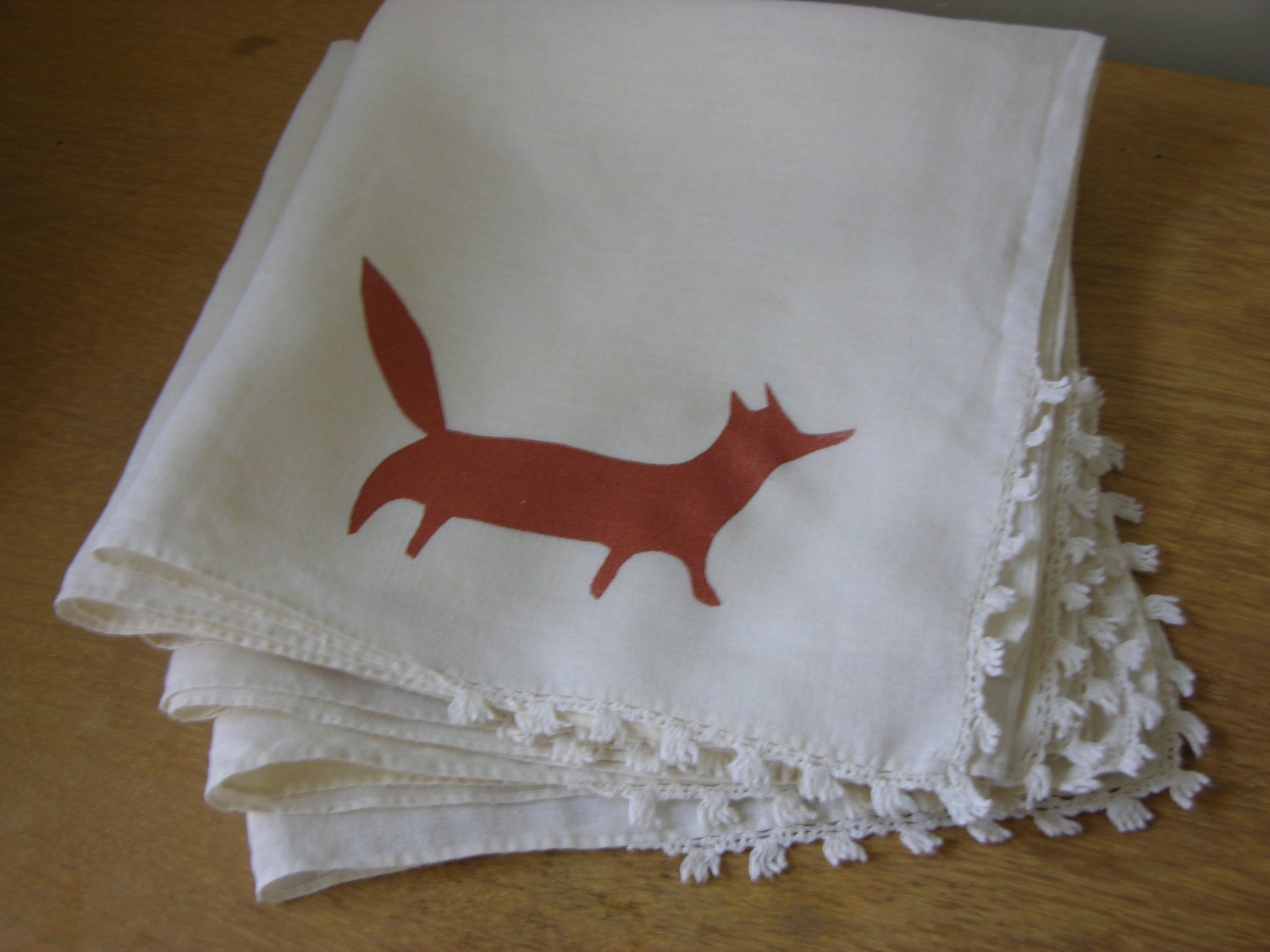 6 Copper Fox Dinner Napkins screen print on vintage linens