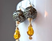 Vintage Brass Filigree with Amber Teardrop Earrings - SALE 15% Off