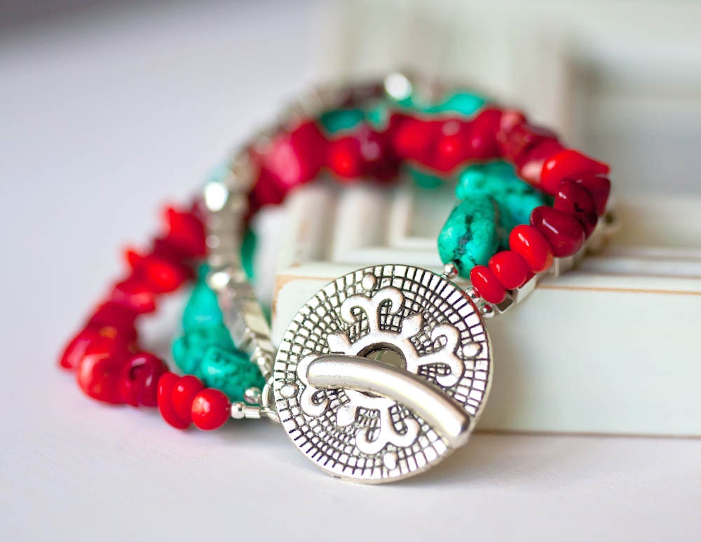 Aztec - Turquoise and Coral Three Strand Handmade Bracelet - SALE 15% Off