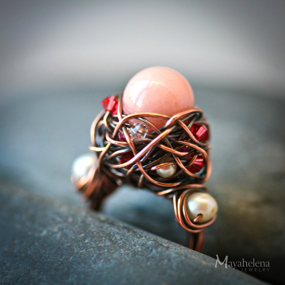 Precious Nest - Pale Pink Stone Copper Wire Wrapped Handmade Rustic Ring - SALE 15% Off