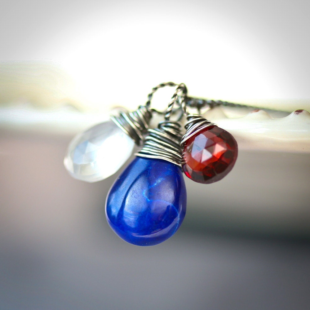 Election Day - Gemstone Trio - Lapis Lazuli, Icy Quartz and Garnet Sterling Silver Wire Wrapped Necklace - Mayahelena