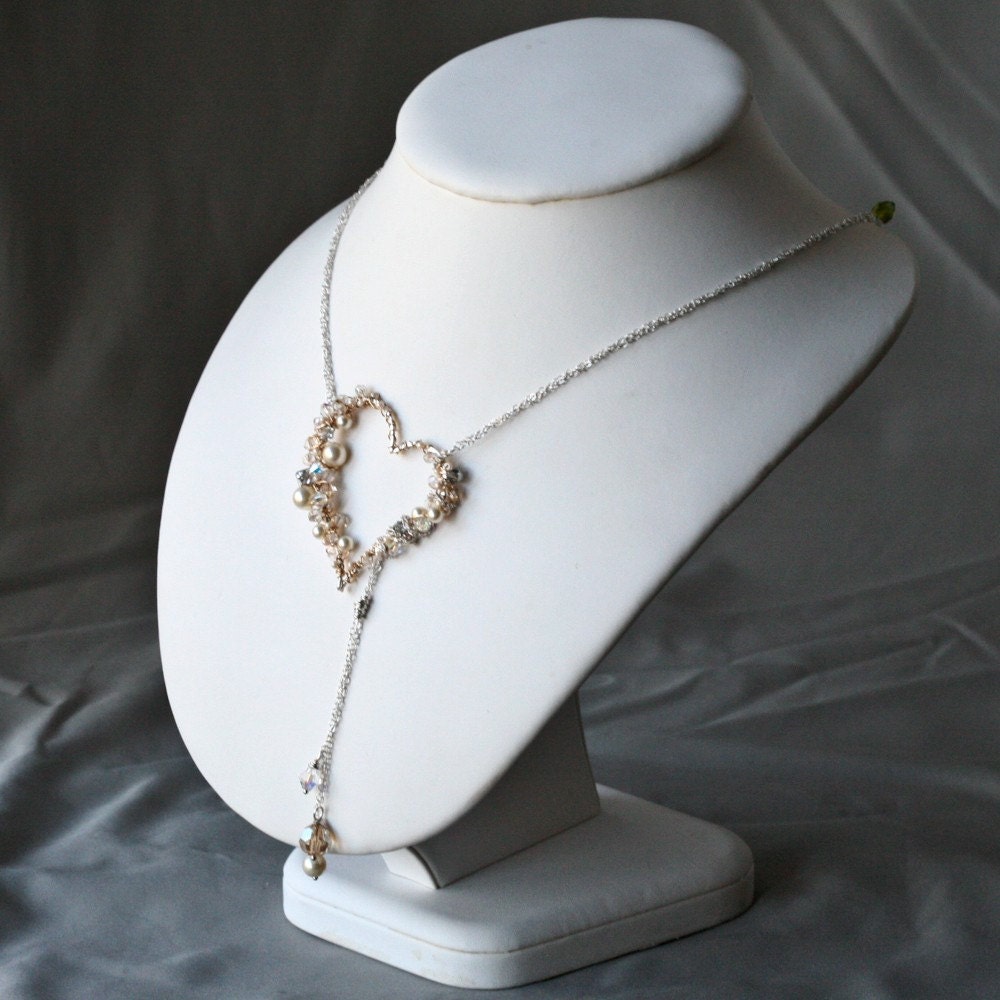 Pearl and Crystal Sterling and Gold Wire Wrapped Heart Lariat - SALE 15% Off