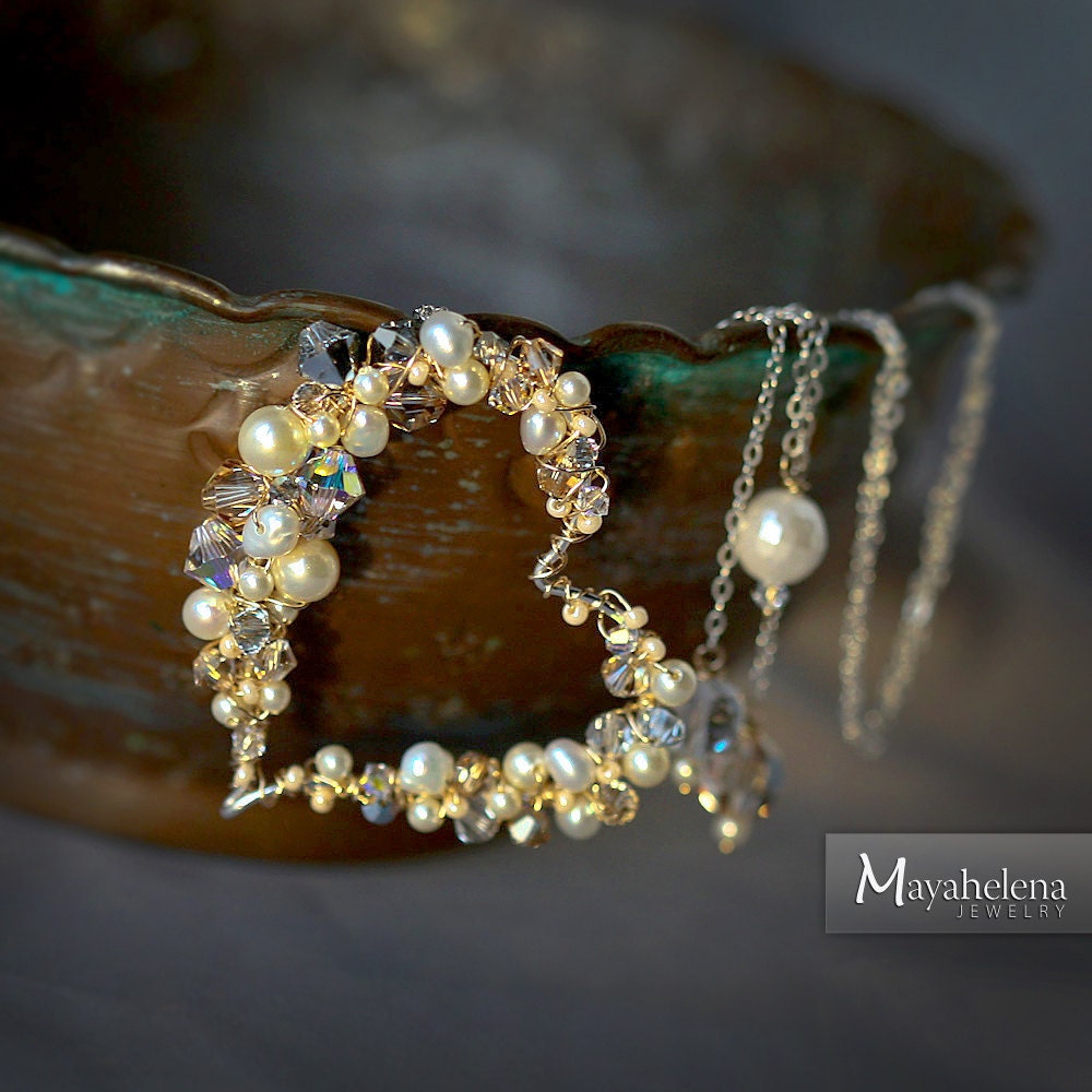 Pearl and Crystal Sterling and Gold Wire Wrapped Heart Lariat - SALE 15% Off