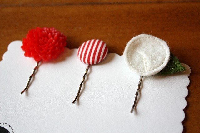 Red and White Bobbi Pin Trio