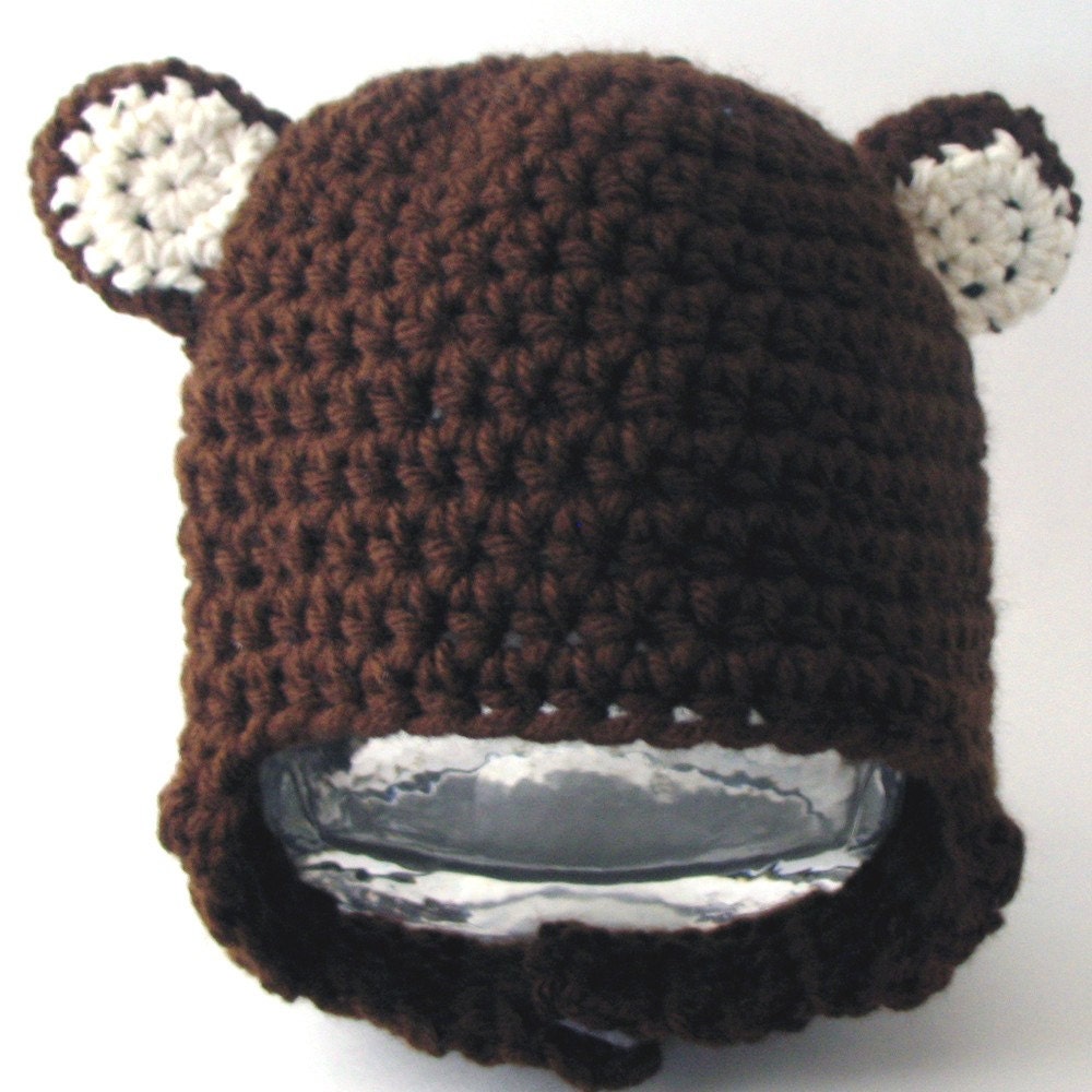 Teddy Bear Velcro Strap Hat  ANY COLOR animal earflap crochet cap brown chocolate character