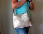 Shoulder Handbag in beige with big white blossoms tan ecru white wispy dandelion messenger hobo purse canvas summer spring wish wishy diaper