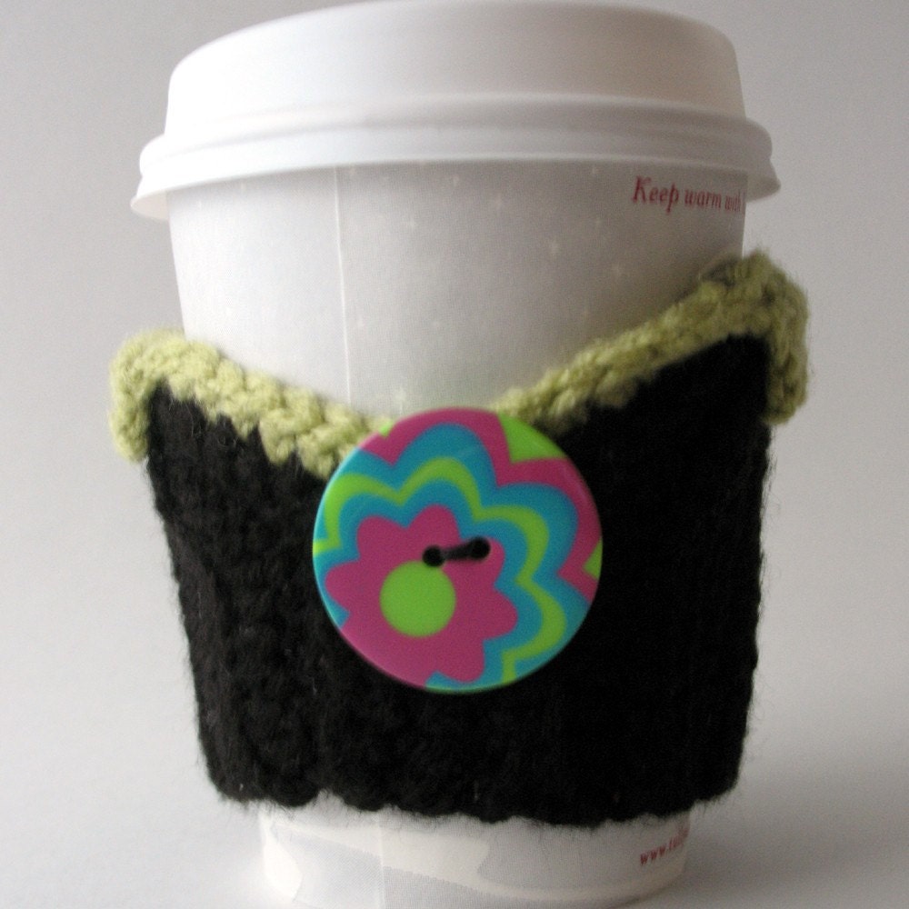 Eco Friendly Reusable Java Sweater black green lime flower button cozy coozie coffee custom
