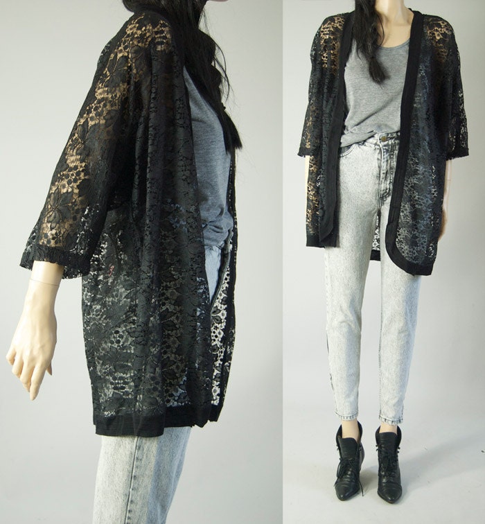 vintage 80s BLACK LACE CARDIGAN oversized kimono top