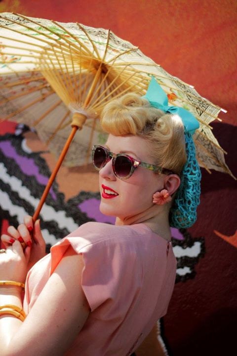 Vintage Retro Pinup Hair Snood in Turquoise Crocheted from 1940's Design Featured in Victory Girls Magazine