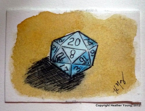 20 sided dice watercolor illustrated original ACEO blue yellow 2.25 in by 3.5 in