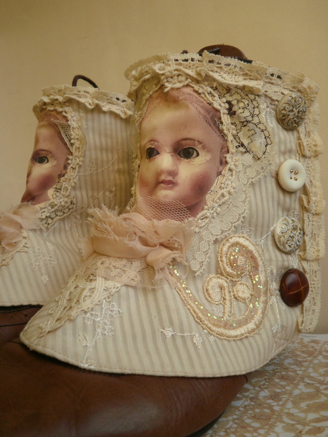 Baby needs a new pair of shoes, Baby IS a new pair of shoes. Creepy Doll Decorated Spats - Gaiters - Boot or Shoe Covers