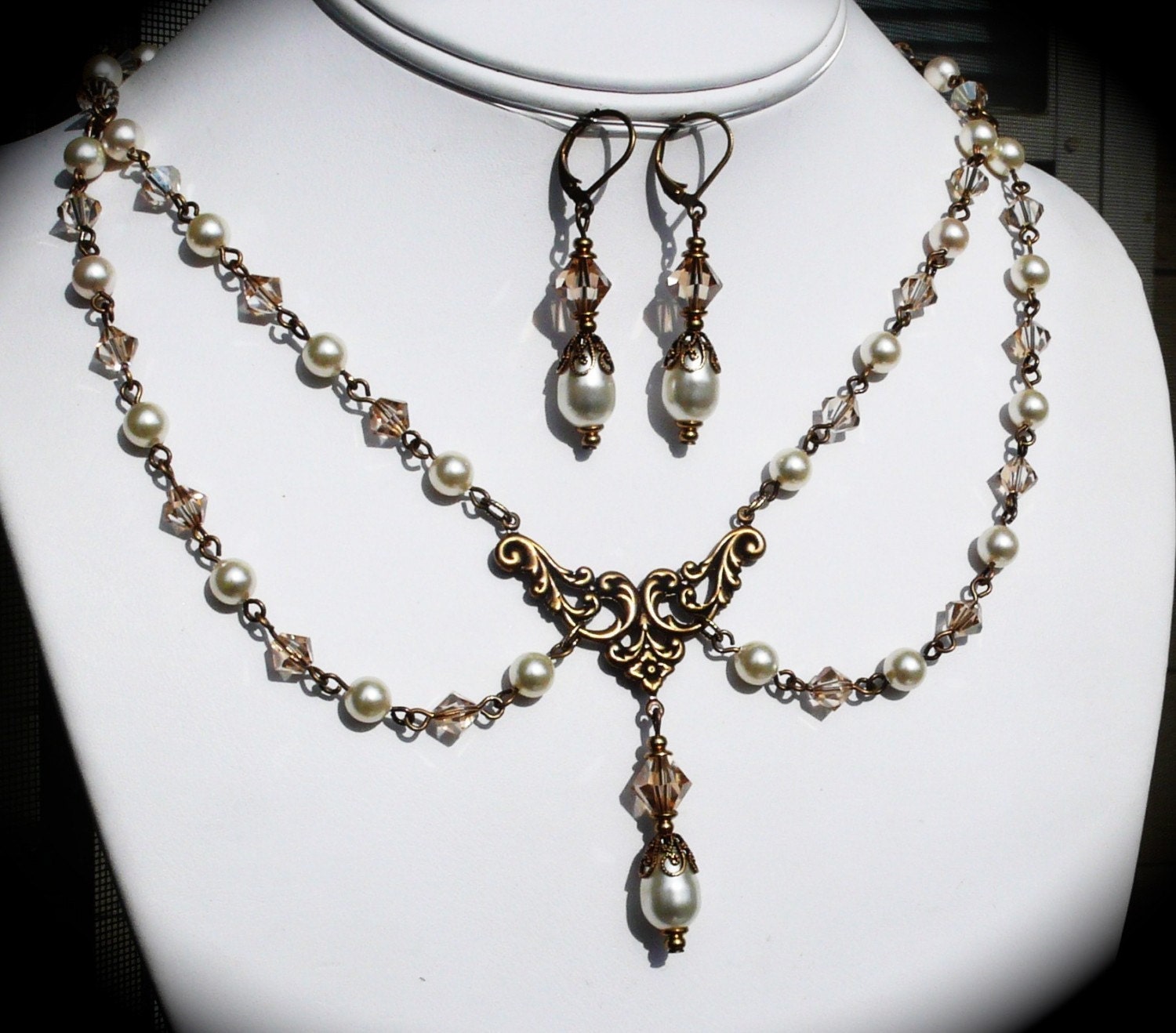 Victorian Pearl Necklace, Earrings Jewelry SET Swarovski Champagne Crystal Golden Shadow Vintage Style Swag Antiqued Gold Bridal Wedding Set