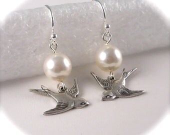 Victorian Pearl Earrings with Birds, Sparrows, Vintage Style Dangles Sterling Silver Bridal, Bridesmaids, Wedding Jewelry