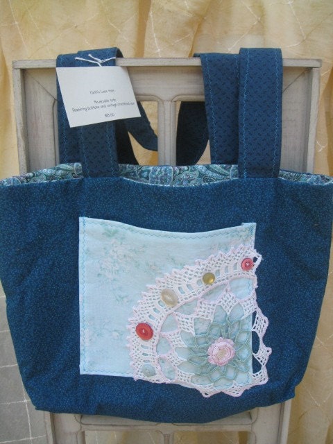 Emily's Lace, reversible tote with blue rose toile, calicos, and vintage pillowcase lace