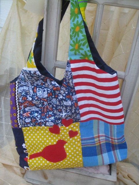 For the Birds Vintage 70's recycled quilt tote, purse, bag