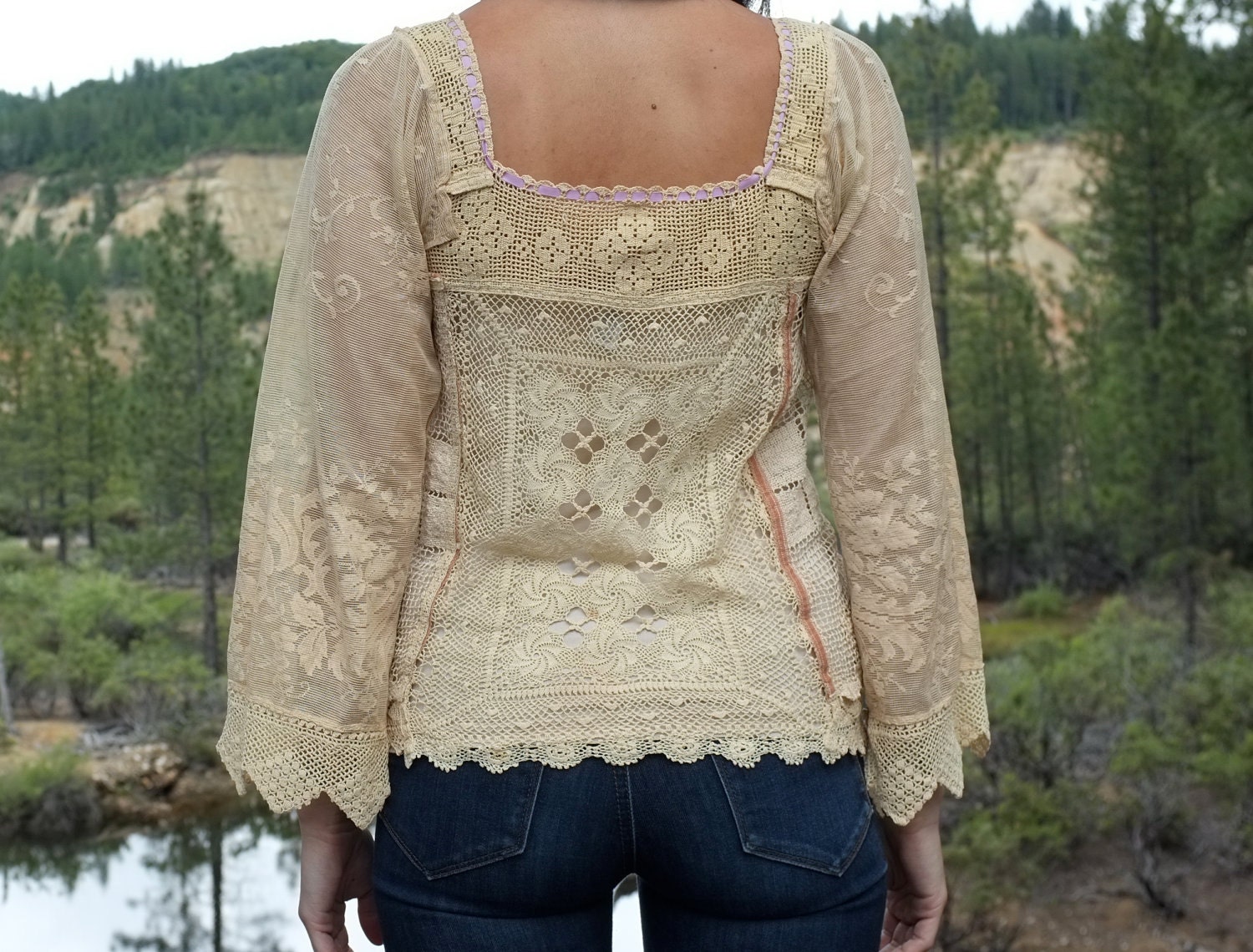 SOLD... Reserved... Amazing Antique Lace Boho Blouse with Lavender Ribbon and Bell Sleeves