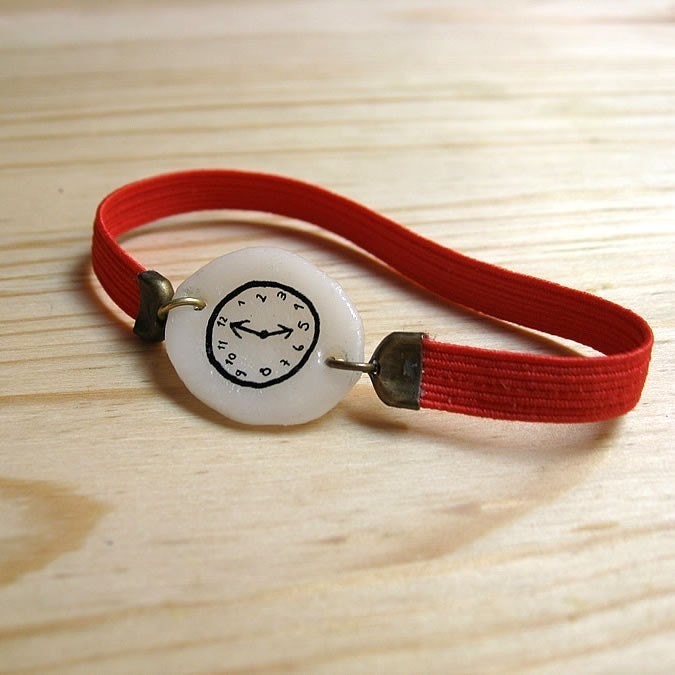 RED Fake watch with elastic watchband bracelet. One-of-a-kind handmade Porcelain toy clock.