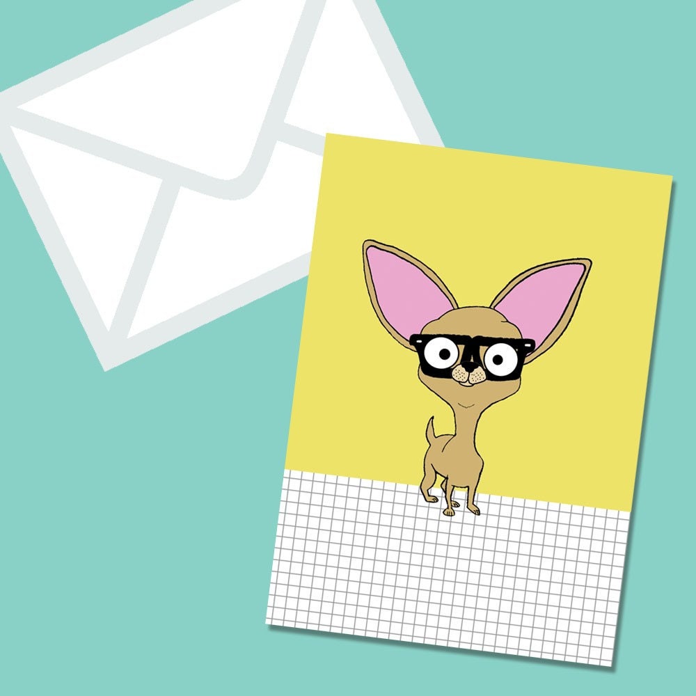 Geek Chihuahua With Glasses Blank Greeting Card With Coordinating Envelope in Yellow and White