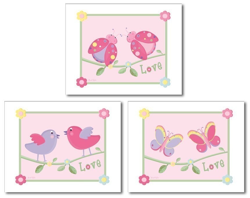 Set of 3 prints Butterflies Flowers Ladybugs Birds Love