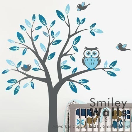 Kids Nursery Vinyl Wall Decal Art - Tree with Owl and Birds- Children baby wall decal sticker