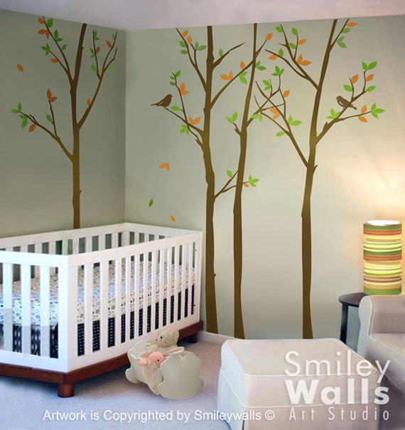 Wall Decal Forest Trees with Birds 100 inches  - Nursery Kids Decor Vinyl Wall Decal Art