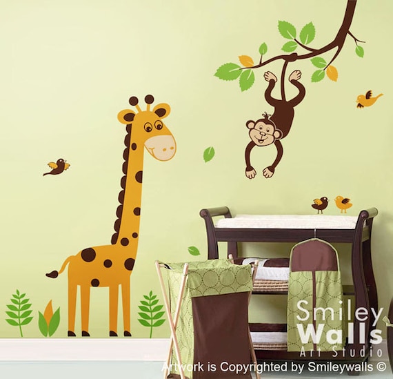 Children Kids Wall Decal Wall Art Sticker tree decal - Jungle Monkey swinging from Branch and Cute Giraffe Wall Decal