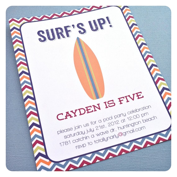 surfs up. surfing pool party birthday invitation. printed and handmade. Il_570xn