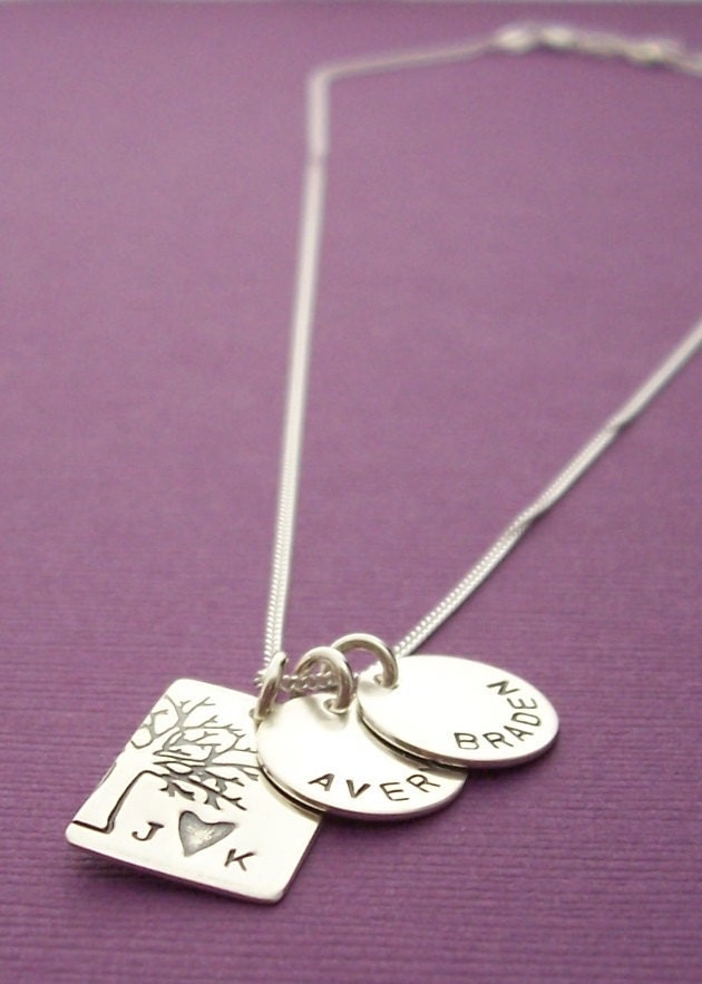 Personalized Jewelry in Sterling Silver - Under the Oak Tree Plus TWO - Handstamped Tree of Life w/ Couples Initials - Personalized Necklace