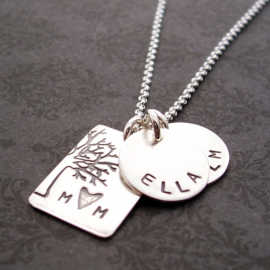 Personalized Jewelry in Sterling Silver - Under the Oak Tree Plus TWO - Handstamped Tree of Life w/ Couples Initials - Personalized Necklace