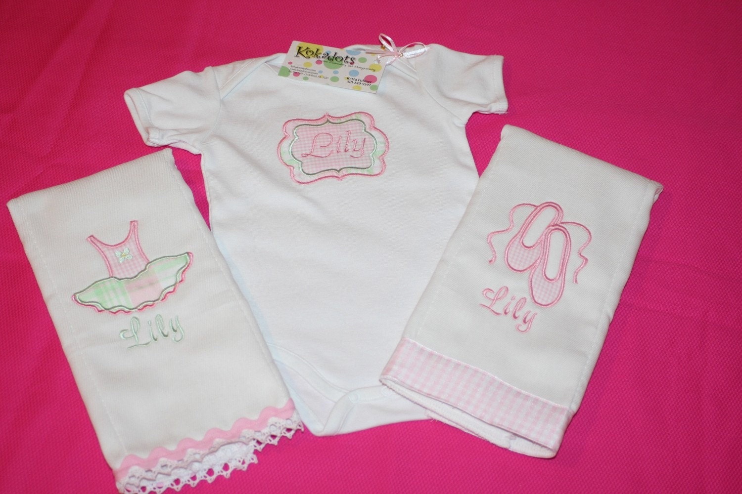 Ballerina Shoes and Tutu - Applique Set of 2 Burp Cloths and a Monogrammed Onesie for a Girl