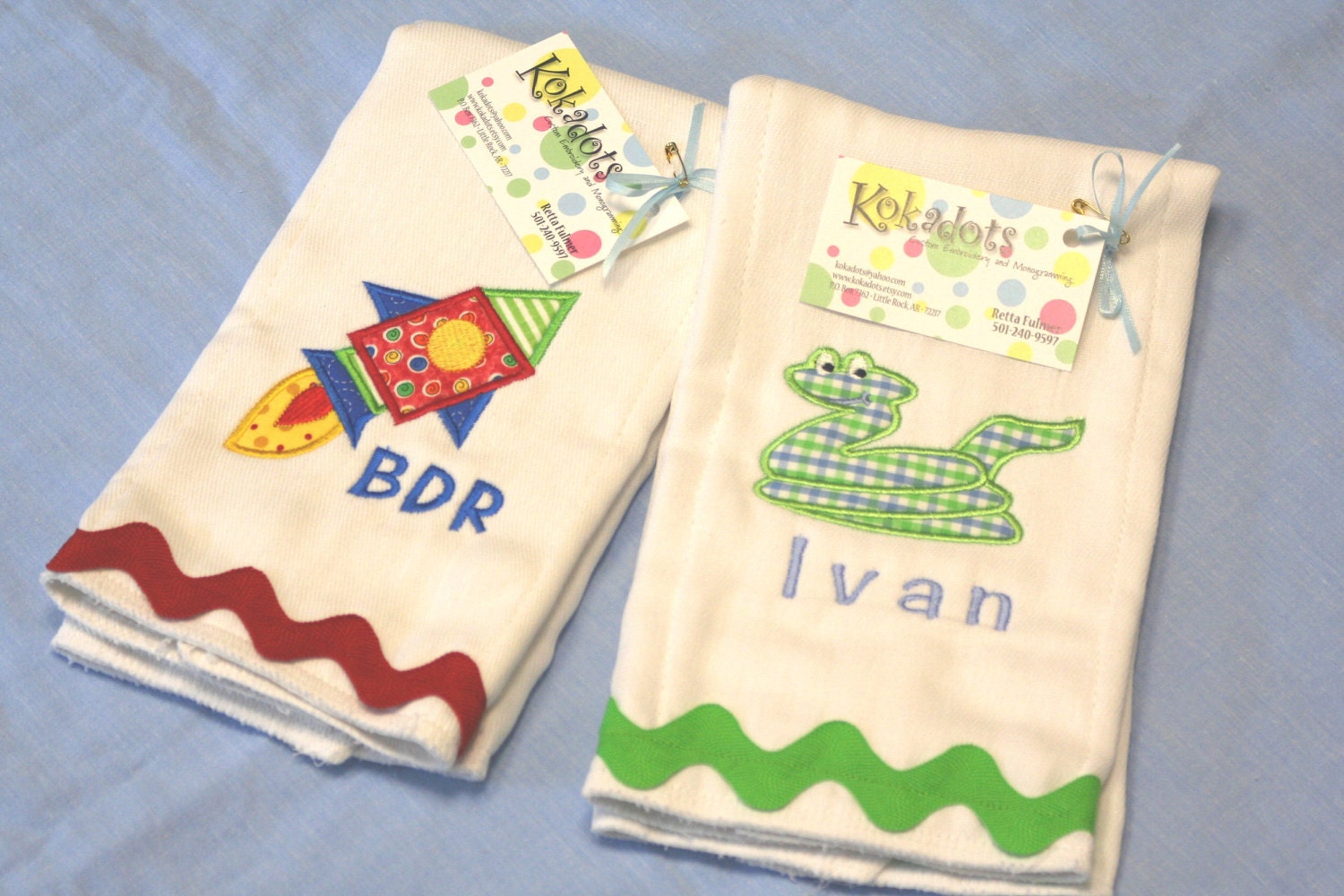 Snake or Rocket Appliqued Burp Cloth with a Monogram for a Boy