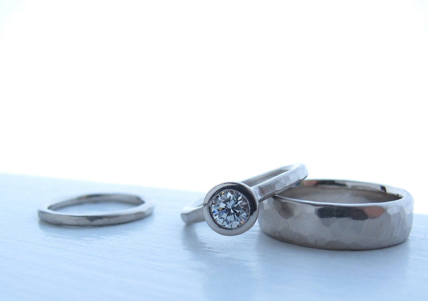 The Pebble Set  Engagement ring and matching wedding bands