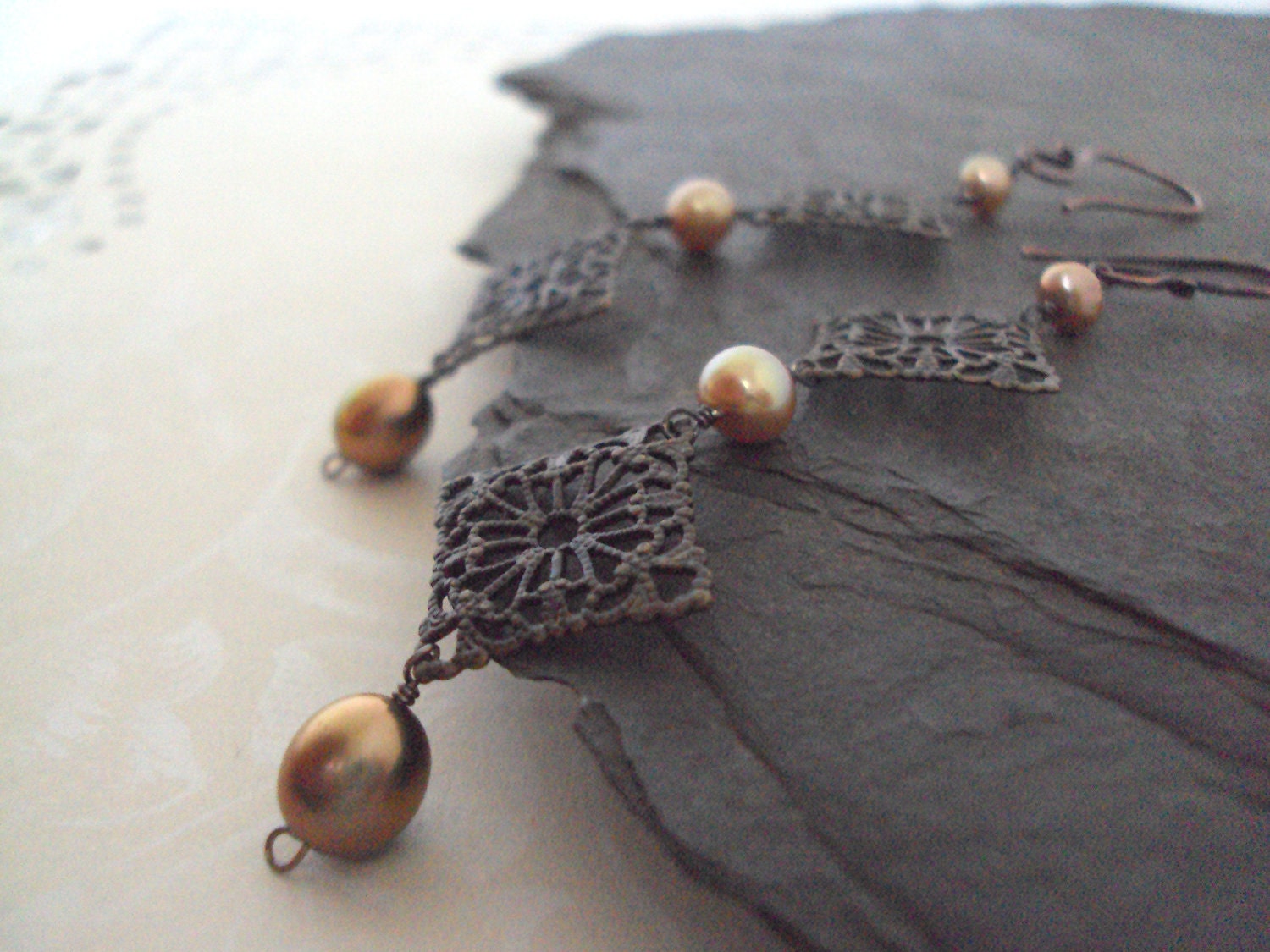 Long Copper Earrings, Rustic Copper Earrings, Copper Filigree, Dramatic Copper Earrings, Copper and Gold