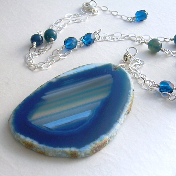 Striped Blue Agate Necklace, Cerulean Semi Precious Gemstone Jewelry