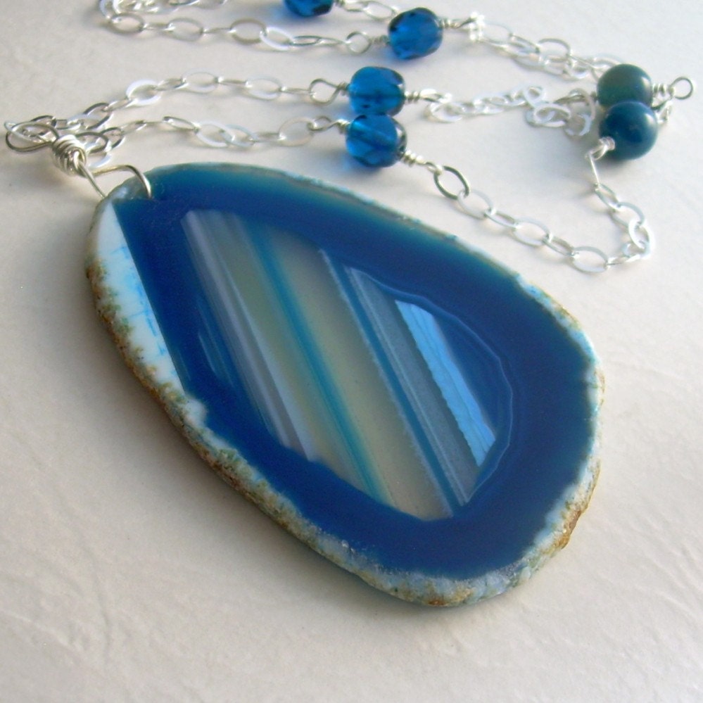 Striped Blue Agate Necklace, Cerulean Semi Precious Gemstone Jewelry
