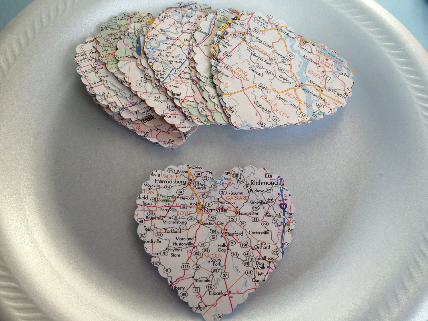 60 Large Map Hearts, Scalloped Die Cuts, Gift Tags, DIY Paper Supply, Scrapbook, Garland, Cards, Christmas Decorations, Holidays, PAFA