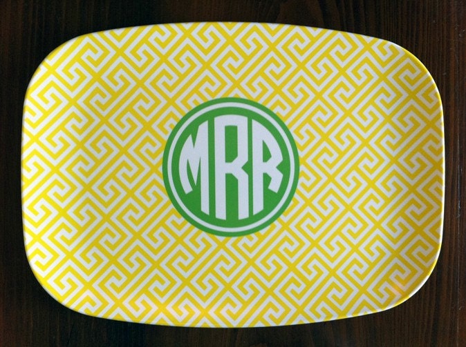 Personalized Melamine Platter Greek Key with circle mono SALE