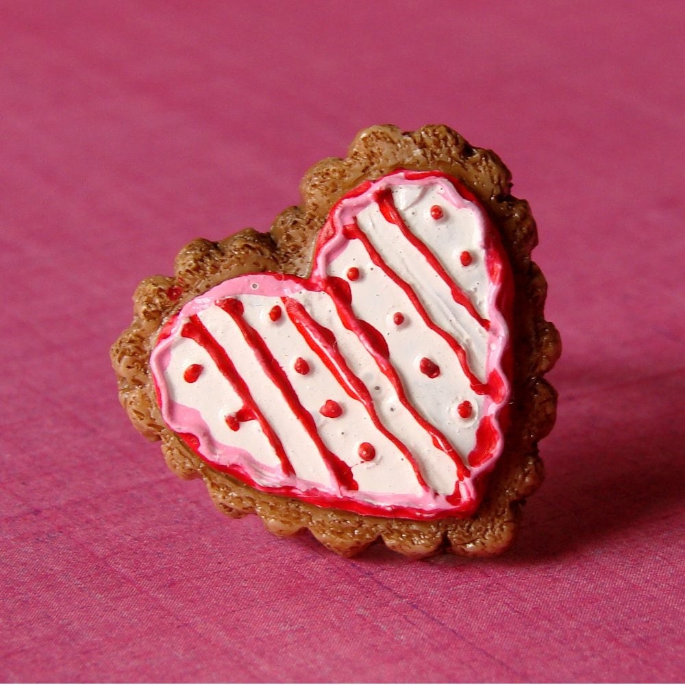 Miniature Faux Food Adjutsable Ring - Sweet Stripes & Dots Iced Heart Cookie - dirtroadsouth