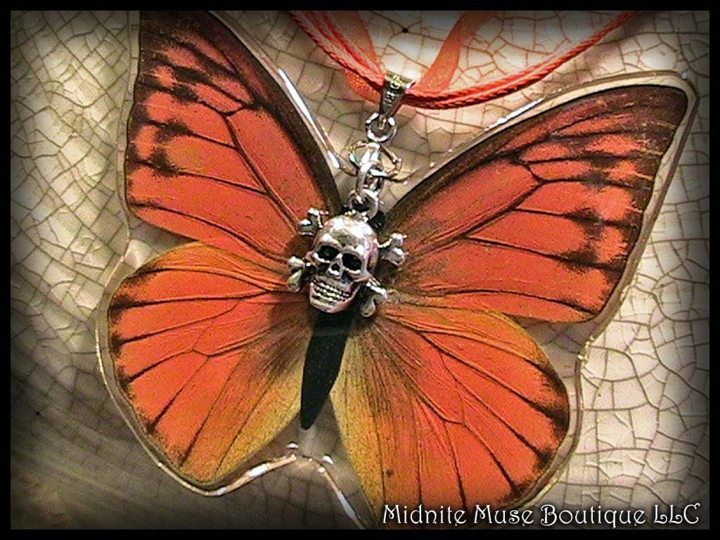 Beautiful Skullerfly Necklace- Small Checker Wing (Appias Nero) Orange Butterfly - Unique Jewelry for the Uncommon Lady - ReAL BuTteRFly -