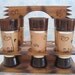 6 Siesta Ware Blond Wood and Amber Cowboy Design Tiki Bar Glasses with Wood Caddy