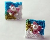 On Sale Marked Down 20% Crochet Earrings Stud Earrings Mini Granny Square Pink Turquoise White Spring Green