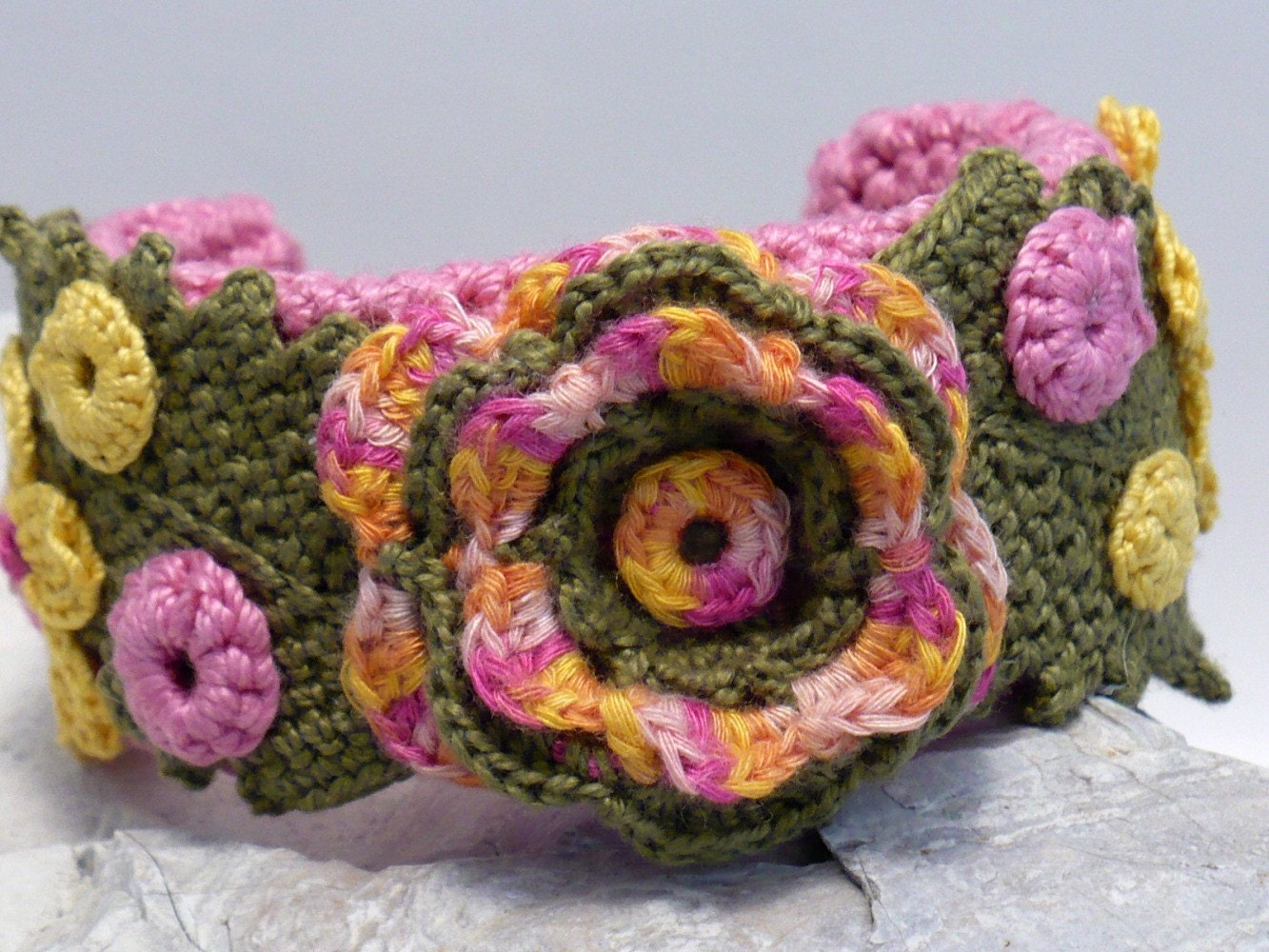 Irish Crochet Bracelet Fiber Bracelet  Cuff Green Pink Orange Yellow