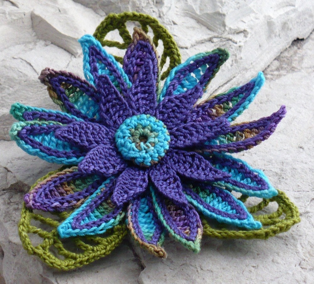 Crochet Brooch Fiber Brooch Irish Crochet Pin Daisy Peacock Purple Blue Olive Teal