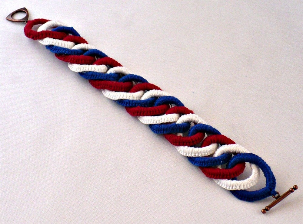 Irish Crochet Bracelet Fiber Bracelet Chainmail Patriotic Red White Blue