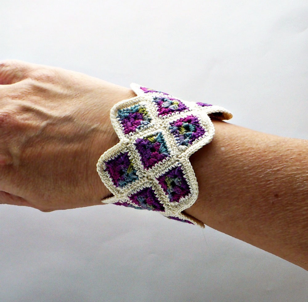 Crochet Granny Square Cuff Bracelet Blueberry Purple Indigo Ecru