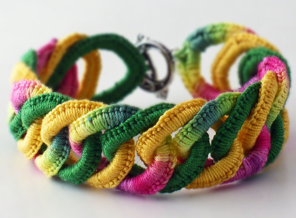 Irish Crochet Bracelet Fiber Bracelet Faux Chainmail Pink Yellow Emerald Green