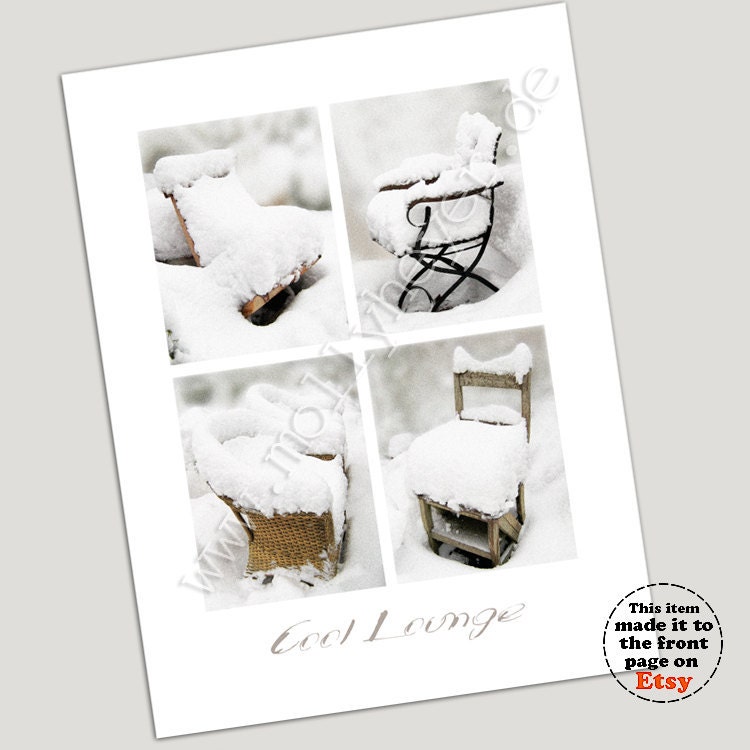 Snow on Garden Chairs. White Winter Cushions For a  Cool Lounge. Wicker Chair, Teak & Black Iron. Soft Grays, Warm Naturals. Print 12x16
