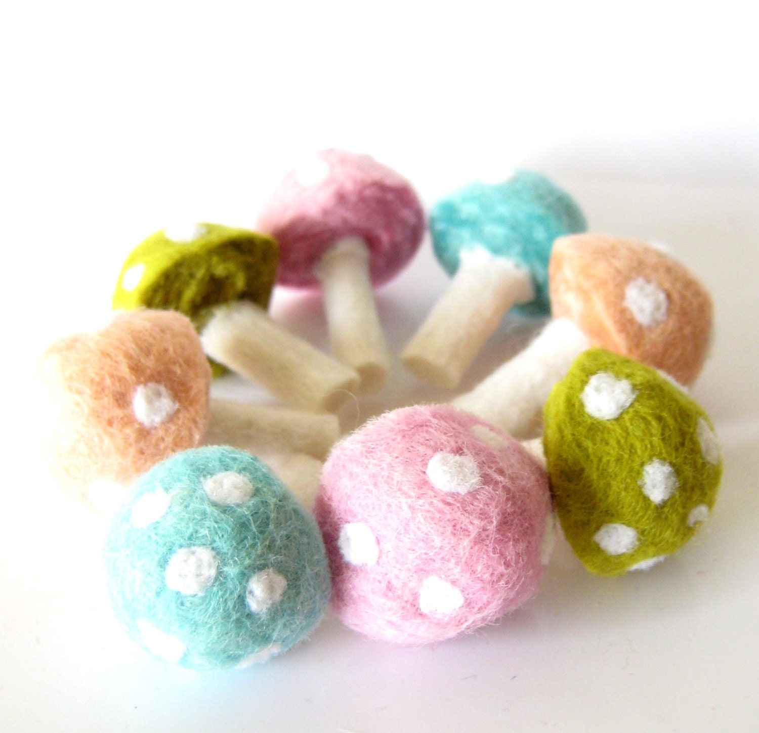 ON SALE Wool Needle Felted 8 Pastel Mushrooms Toadstools Home Decor Spring was 22 dollars now 16 dollars